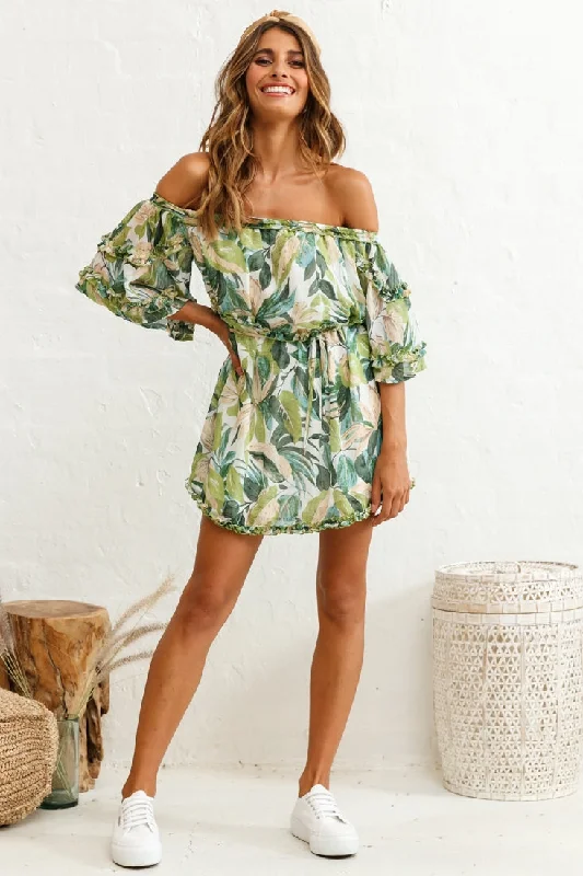 Renoir Off-Shoulder Frill Trim Dress Leaf Print White/Green Sporty Women's Athleisure Renoir Off-Shoulder Frill Trim Dress Leaf Print White/Green Sporty Women's Athleisure
