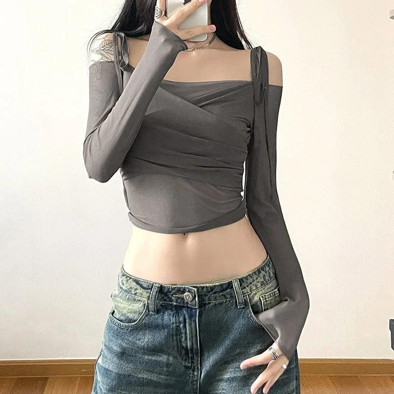 Women's Grunge Off Shoulder Ruched Mesh Crop Top Dynamic Women's High - energy