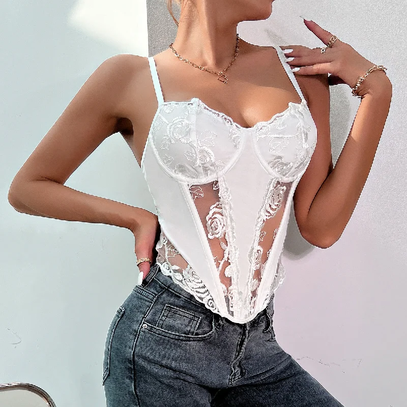 Sexy Lace Rose Pattern Fishbone Patchwork Diamond Shaped Sling Top Wholesale Womens Tops Sophisticated Women's 