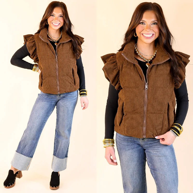 Winter Wanderlust Corduroy Puffer Vest with Ruffle Sleeves in Brown Dapper Women's 1920S