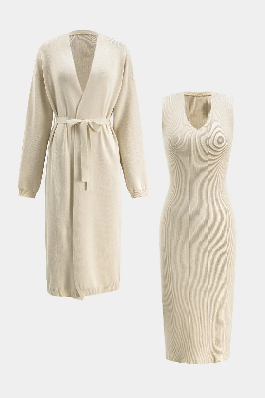 Knit Belted Tie Front Long Sleeve Cardigan And Dress Set Traditional Women's Wool
