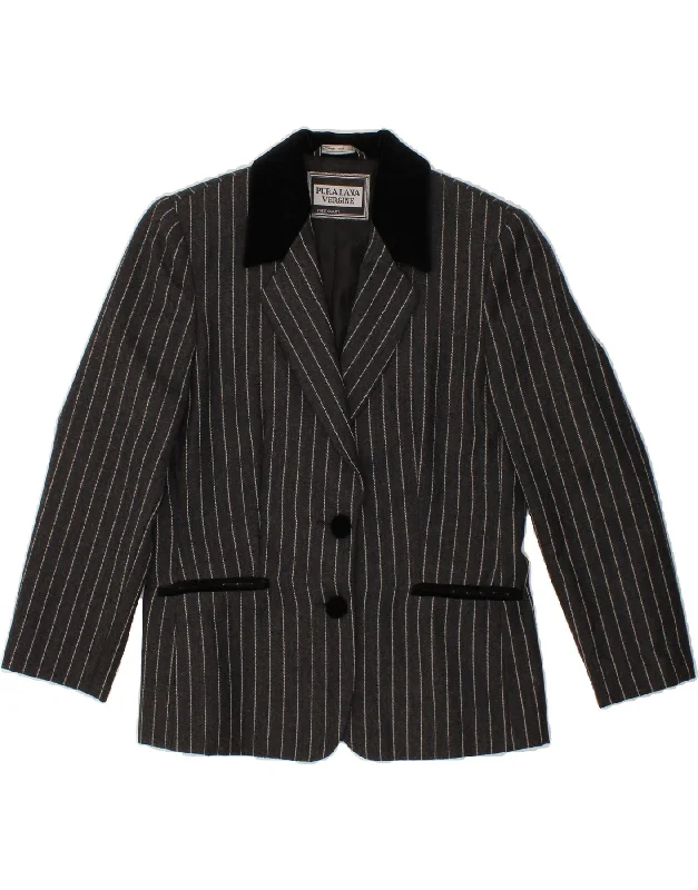 VINTAGE Womens 2 Button 3/4 Sleeve Blazer Jacket UK 14 Medium Grey Striped Cool Women's Distressed VINTAGE Womens 2 Button 3/4 Sleeve Blazer Jacket UK 14 Medium Grey Striped Cool Women's Distressed