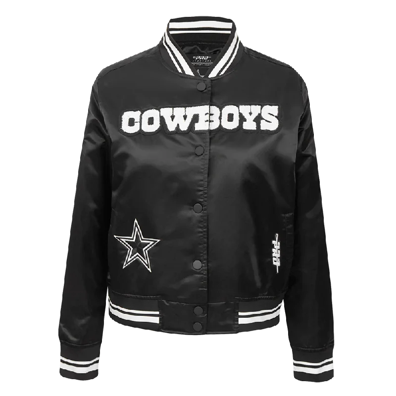 NFL DALLAS COWBOYS PEARLS WOMEN'S RIB SATIN JACKET (BLACK) Feminine Women's Soft 