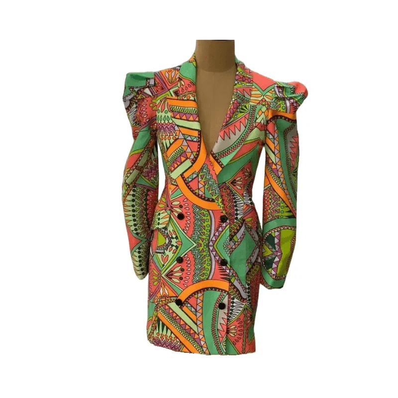 Green Aztec Puff Sleeves Blazer Dress Trendy Women's 