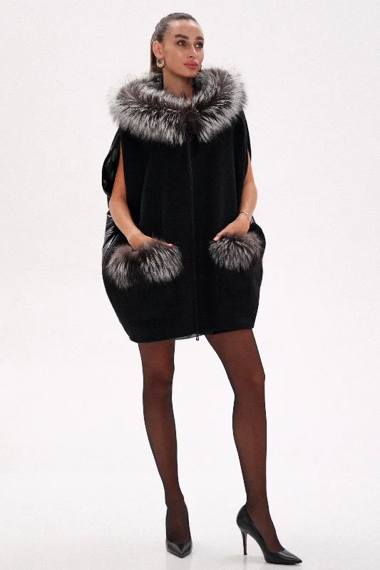 Saga®Furs Silver Fox Wool Alpaca Poncho in Black Hip Women's Urban
