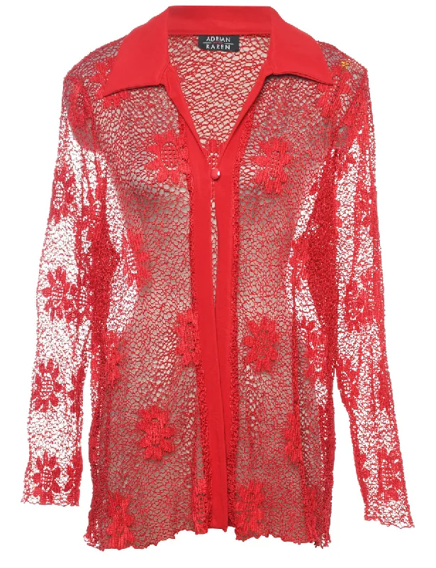 Classic Red Sheer Floral Blouse - L Relaxed Women's 