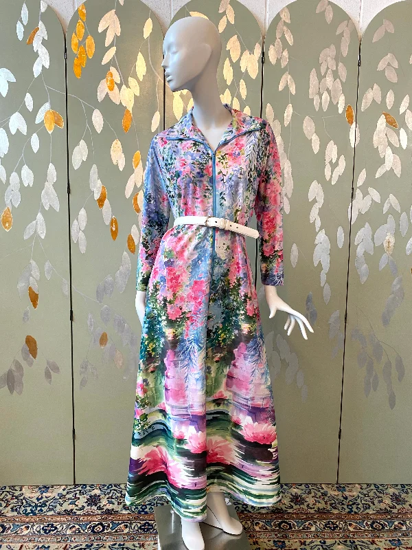 Vintage 1970s Pink & Blue Watercolour Floral Lounge Dress, Large Bold Women's Statement