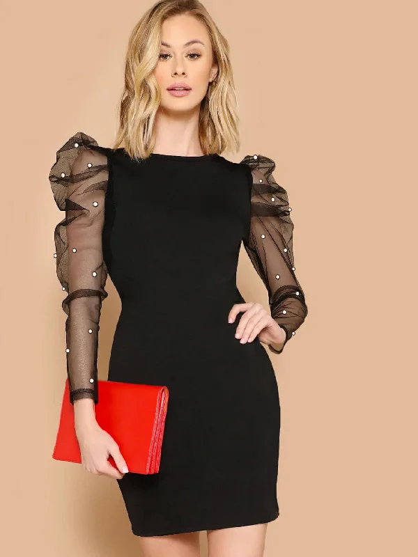Plain Beaded Long Sleeve Round Neck Pencil Natural Short Dress Artistic Women's Avant - 