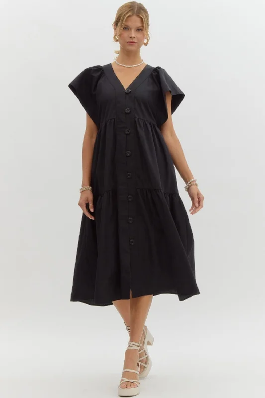 Sunlit Morning Black Midi Dress Polished Women's Silk