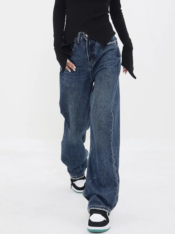 BerryBetty - Patchwork Pockets Denim Wide Leg Boyfriend Jeans