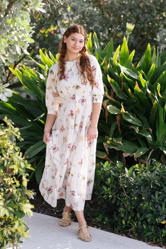 maxi dress colorful flower with neck tie - ivory Hip Women's Retro