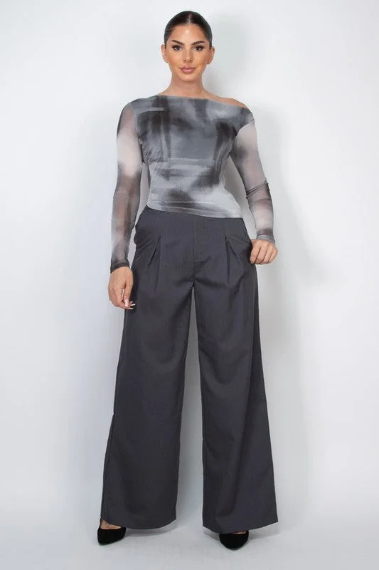 Pintuck Woven Wide Leg Pants in Grey