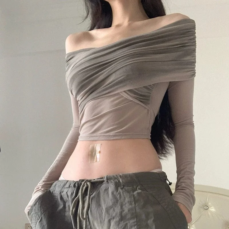Women's Grunge Off Shoulder Sheer Long Sleeved Crop Top Preppy Women's College