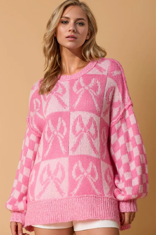 Double Take Full Size Checkered Bow Contrast Long Sleeve Sweater Athletic Women's High - Double Take Full Size Checkered Bow Contrast Long Sleeve Sweater Athletic Women's High -