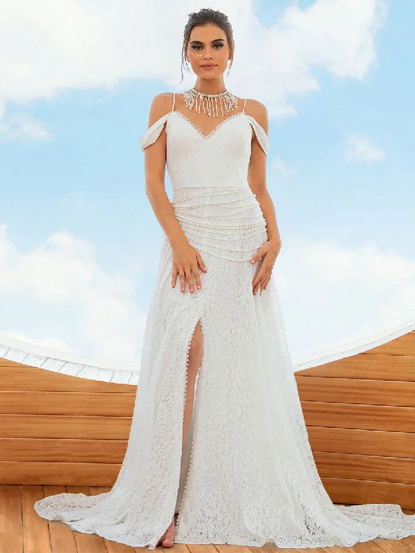 Off The Shoulder V Neck Wedding Dress Lace Pearl A Line Traditional Women's Wool