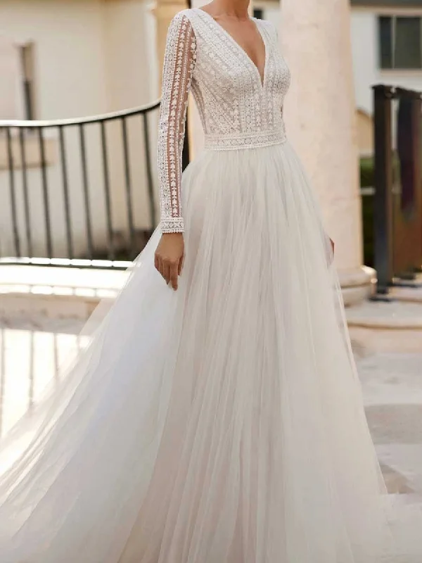 Long Sleeve V-Neck Wedding Dress A line Tulle Winter Australian Beach