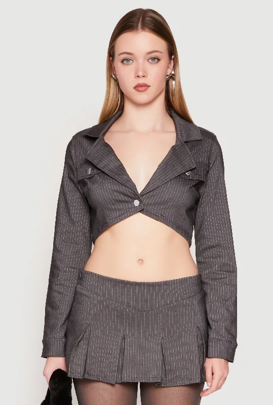 Almost Famous Pinstripe Cropped Blazer Cozy Women's Sherpa - lined