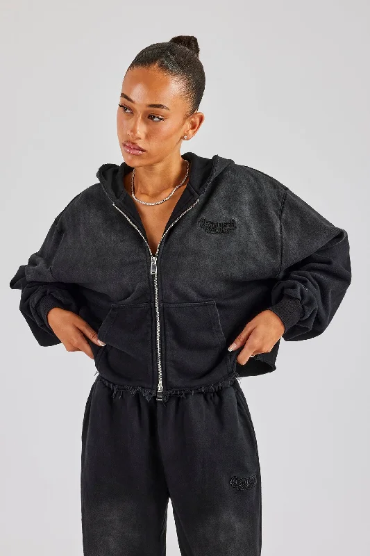 Washed Boxy Fit Zip Through Hoodie - Black Athletic Women's 