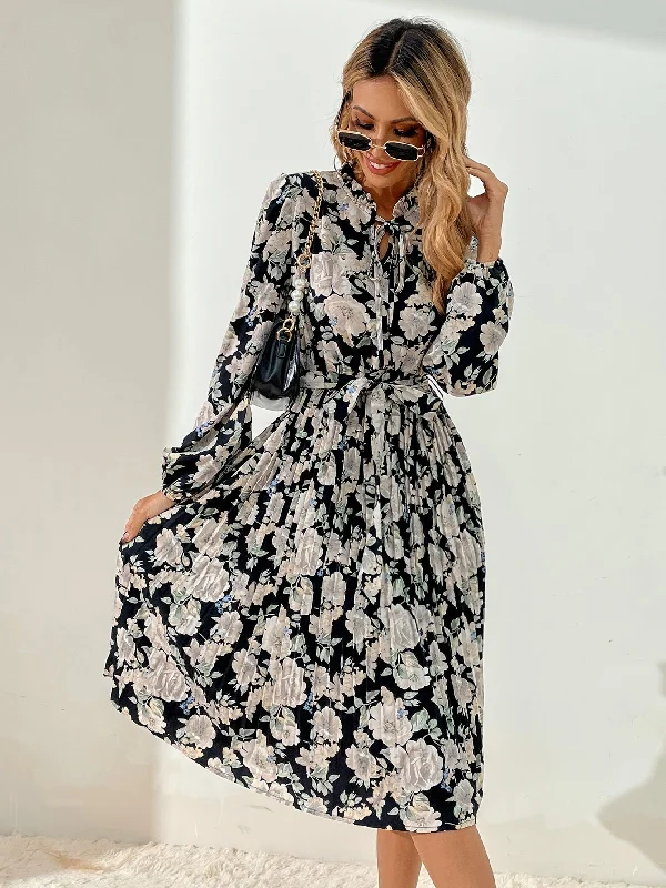 Floral Pleated Long Sleeve Tie Neck Pleated High Waist Knee Length Dress European