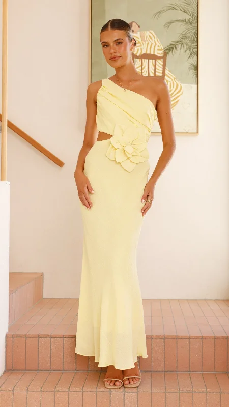 Bloom One Shoulder Cut Out Maxi Dress - Yellow