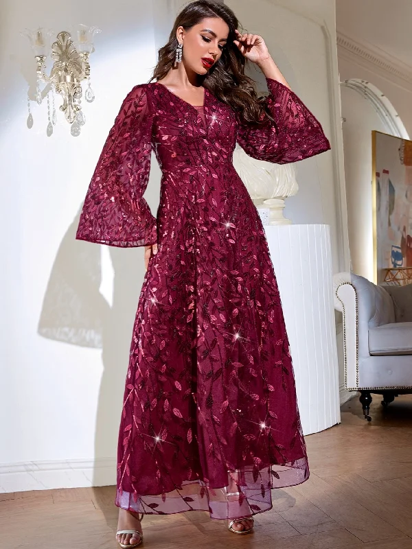 Plain Zipper Long Sleeve V Neck Flared High Waist Maxi Womens Dress Classic Women's Tweed
