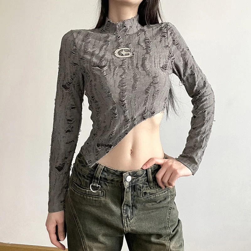 Women's Grunge Stand Collar Irregular Hem Long Sleeved Crop Top Feminine Women's Style 