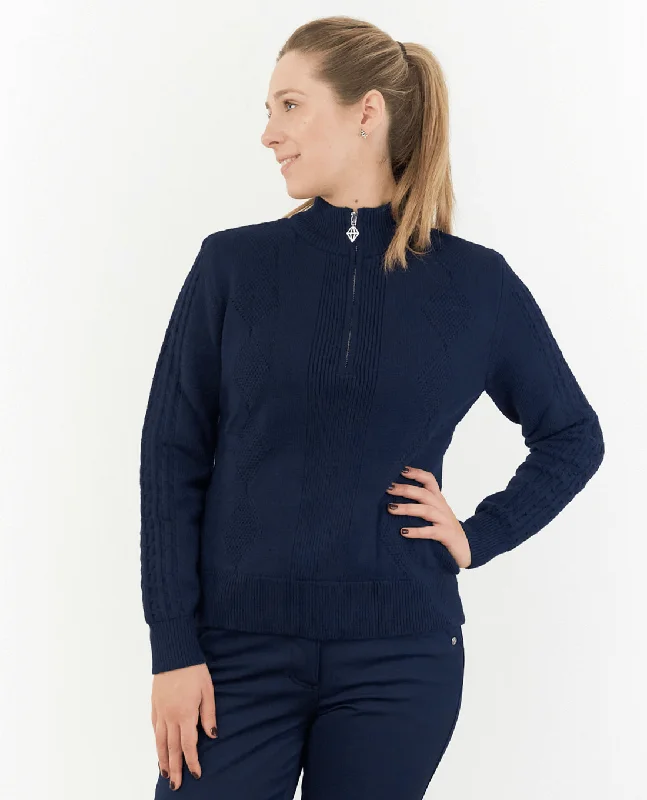 SIZE XL - PURE GOLF Sorrell Cable Knit Lined Quarter Zip Jumper 501 Navy Contemporary SIZE XL - PURE GOLF Sorrell Cable Knit Lined Quarter Zip Jumper 501 Navy Contemporary