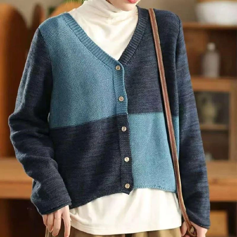 Women Winter Vintage V-Neck Colorblock Cotton Wool Sweater Modern Women's 