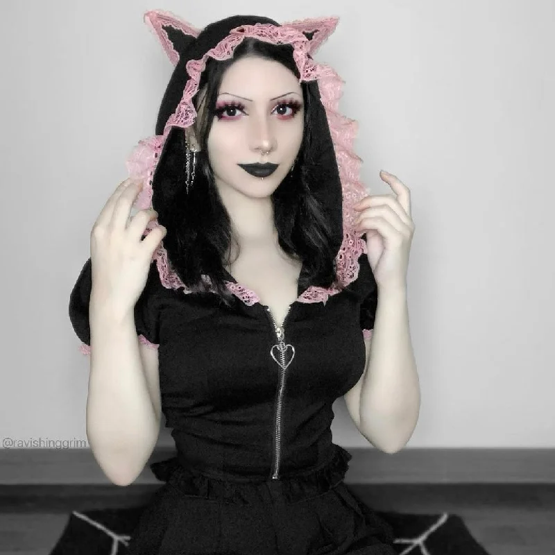 Women's Lolita Front Zip Short Sleeved Crop Top with Cat Hood Geometric