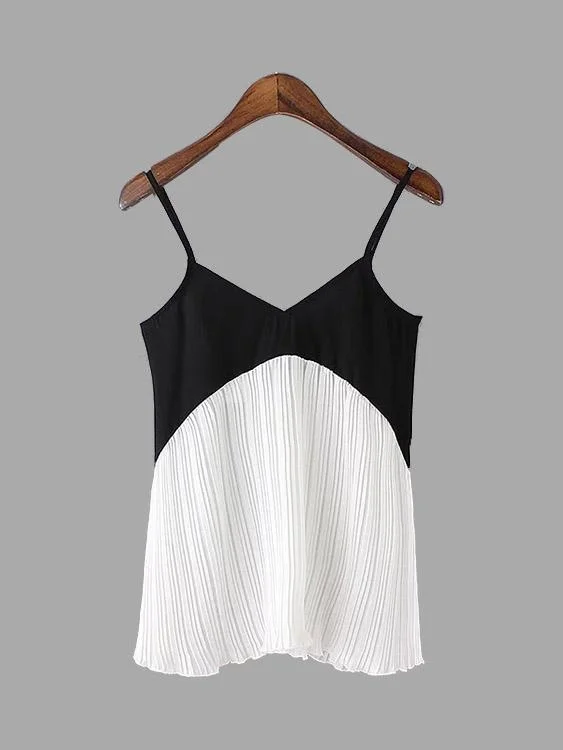 Custom Sleeveless V-Neck Contrast Pleated Cami Artistic Women's Hand - painted