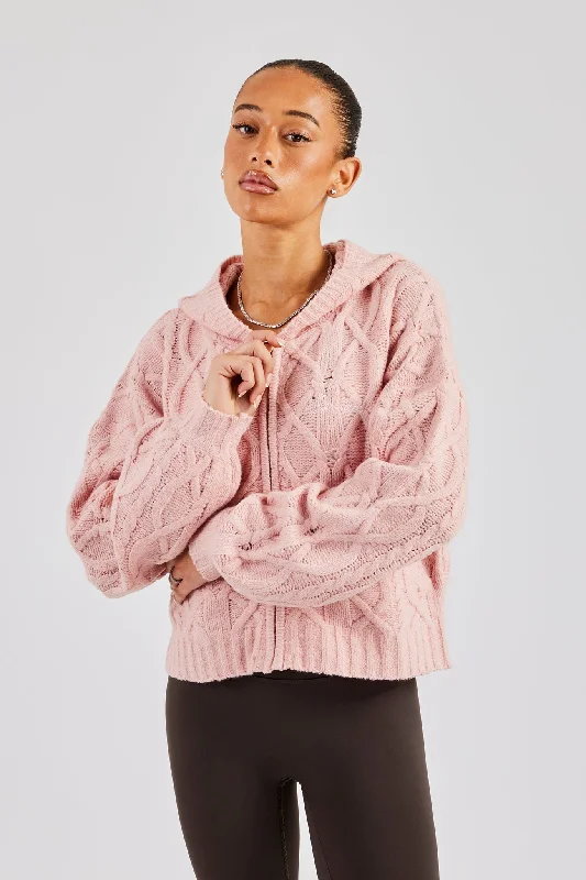 Cable Knit Zip Through Knit Hoodie - Baby Pink Sporty Women's Tennis