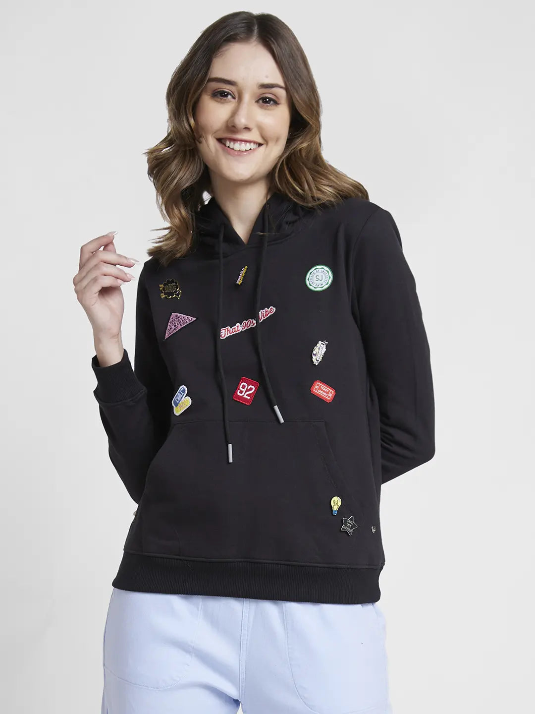 Spykar Women Black Blended Regular Fit Hooded Plain Sweatshirt performance