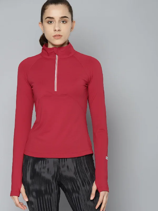 Women's Red High Neck Self Design Training T-shirt performance