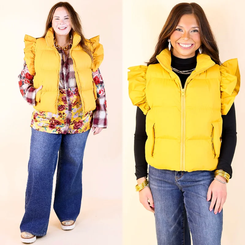 All Season Long Ruffle Sleeve Puffer Vest in Mustard Yellow Trendy Women's 