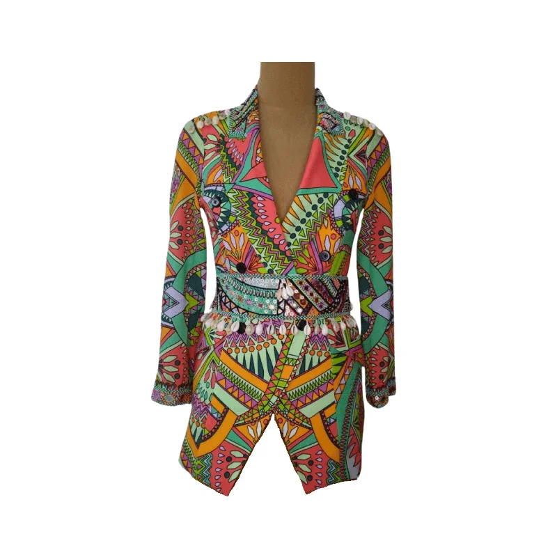 Green Aztec Blazer with Belt Luxurious Women's High -  end