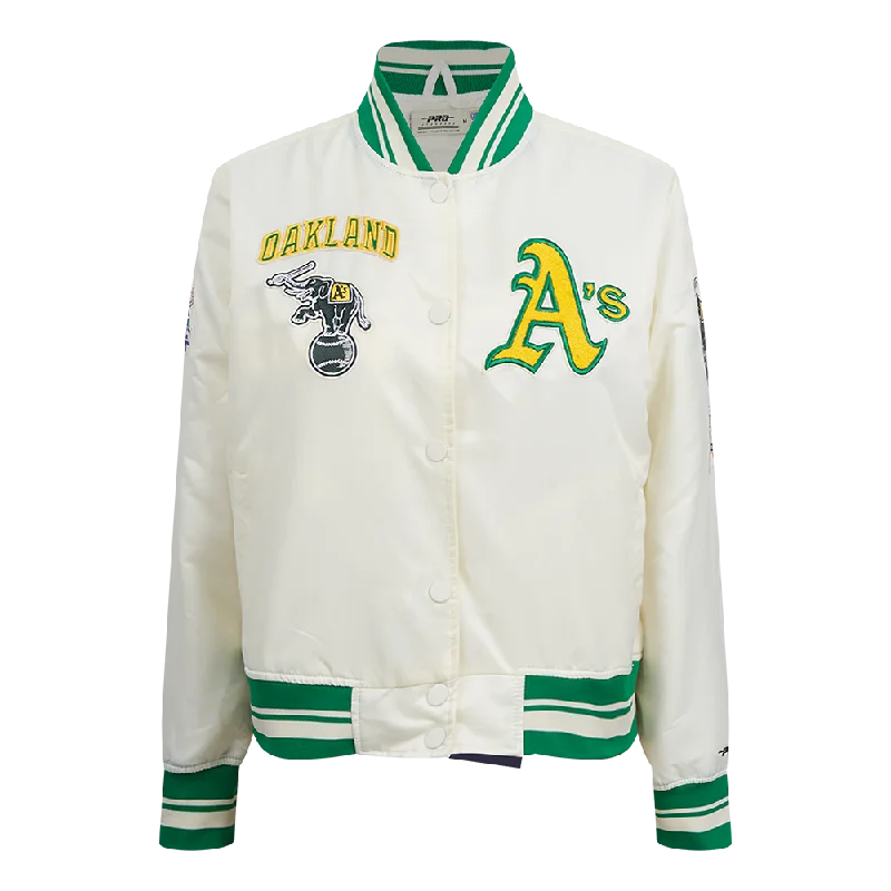 MLB OAKLAND ATHLETICS RETRO CLASSIC WOMEN'S RIB SATIN JACKET (EGGSHELL/ KELLY GREEN) Compression MLB OAKLAND ATHLETICS RETRO CLASSIC WOMEN'S RIB SATIN JACKET (EGGSHELL/ KELLY GREEN) Compression