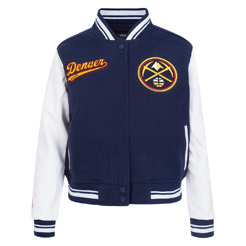 NBA DENVER NUGGETS SCRIPT TAIL WOMEN'S WOOL VARSITY JACKET (MIDNIGHT NAVY/WHITE) Practical Women's Quick - dry NBA DENVER NUGGETS SCRIPT TAIL WOMEN'S WOOL VARSITY JACKET (MIDNIGHT NAVY/WHITE) Practical Women's Quick - dry