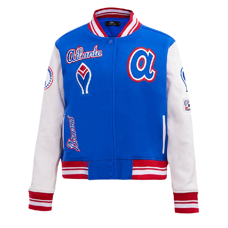 MLB ATLANTA BRAVES RETRO CLASSIC WOMEN'S RIB WOOL VARSITY JACKET (ROYAL BLUE/RED) Cozy Women's Sherpa - lined MLB ATLANTA BRAVES RETRO CLASSIC WOMEN'S RIB WOOL VARSITY JACKET (ROYAL BLUE/RED) Cozy Women's Sherpa - lined