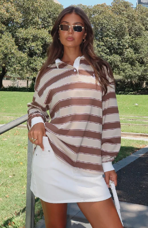 Whatever You Want Long Sleeve Rugby Shirt Neutral Stripe Hip Women's Retro