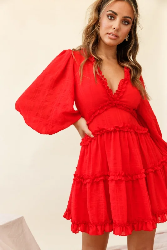 Laney Cutout Back Ruffle Trim Dress Red