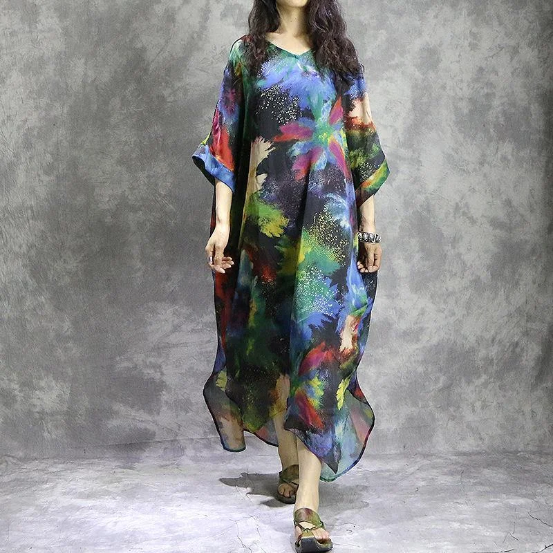 Natural v neck silk quilting clothes Plus Size Work Outfits prints Maxi Dress summer