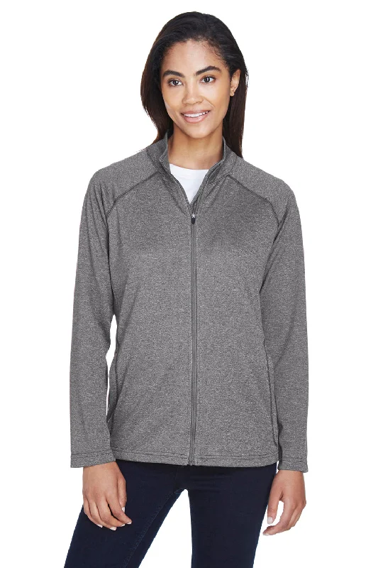 Devon & Jones Womens Compass Stretch Tech Moisture Wicking Full Zip Sweatshirt w/ Pockets - Heather Dark Grey Sporty Women's Athleisure Devon & Jones Womens Compass Stretch Tech Moisture Wicking Full Zip Sweatshirt w/ Pockets - Heather Dark Grey Sporty Women's Athleisure