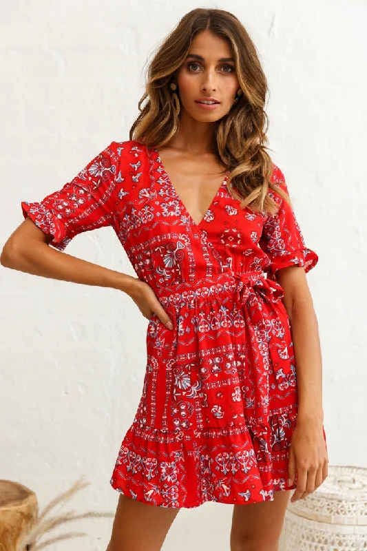Rubi V-Neckline Wrap Dress Pattern Print Red Street