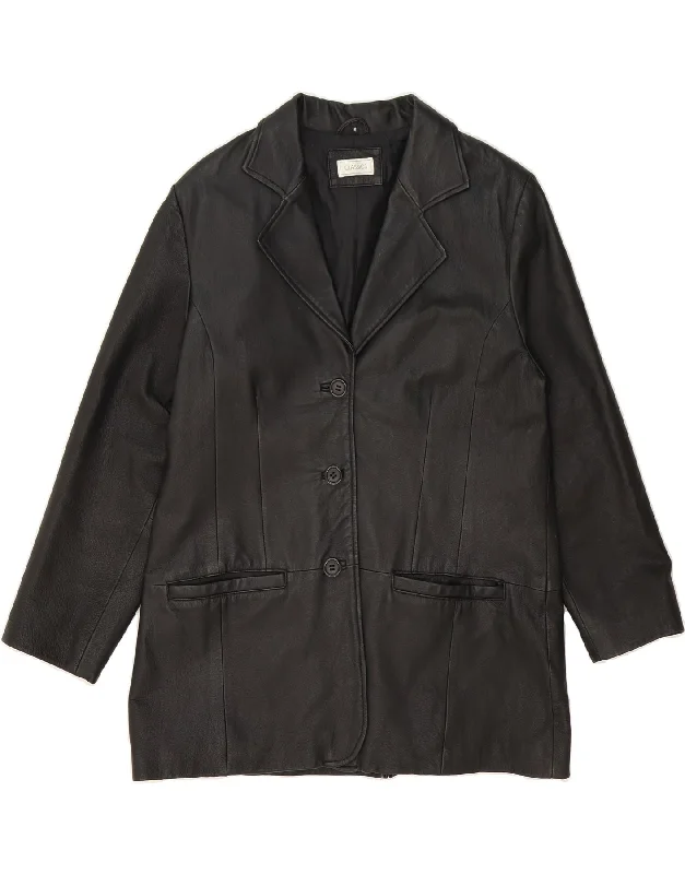 CLASSIC Womens Leather Coat UK 16 Large Black Leather Monochromatic Office Style