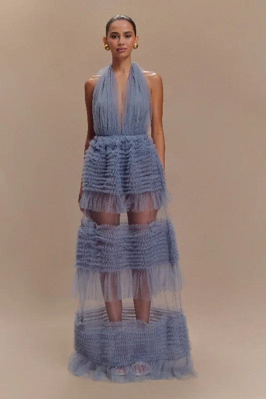 Minka Mesh Ruffle Halter Maxi Dress - Dusty Blue Classic Women's Tweed