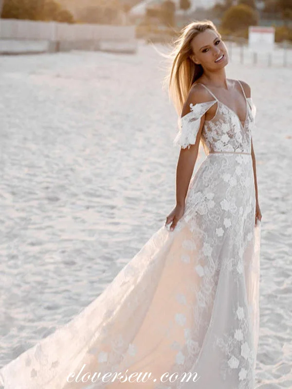 Light Pink Lace Backless Spaghetti Straps A-line Romantic Wedding Dresses, CW0340 Cool Women's Distressed