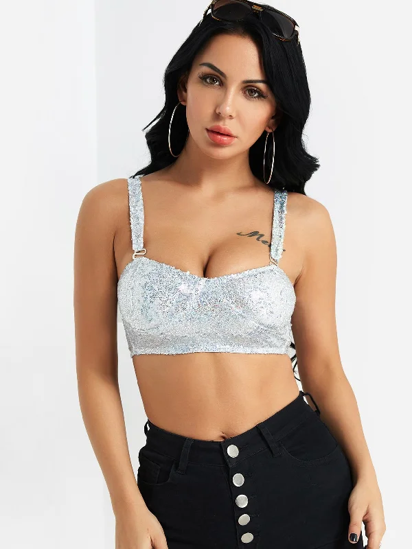 Custom Square Neck Sequins Embellished Sleeveless Camis Athletic Women's High - 