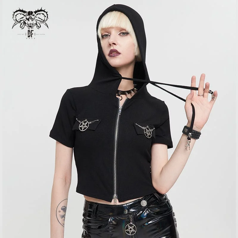 Women's Punk Metal Star Double Zipper Short Sleeved Crop Top purpose