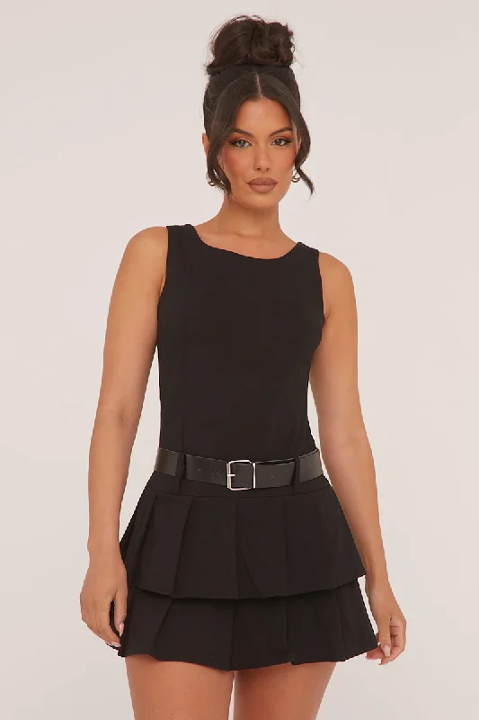 Black Pleated Belt Detail Mini Dress - Bobbie Contemporary 