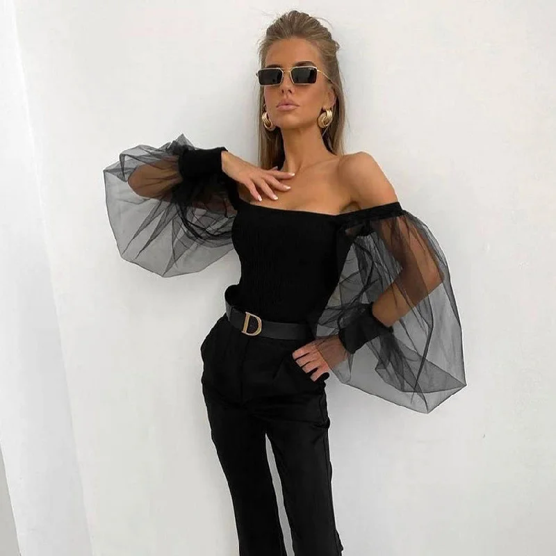 Sexy One-Piece Neck Black Mesh Bubble Sleeve Knit Top Wholesale Womens Tops Women